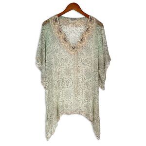 Mira Beaded Sheer Floral Kaftan Tunic Top Boho Festival Beach Cover Up L